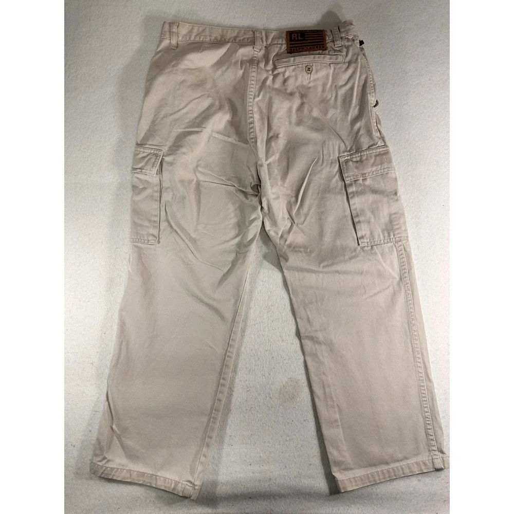 Ralph Lauren Boys Cargo Pants Beige Solid 100% Cotton Button Casual Wash